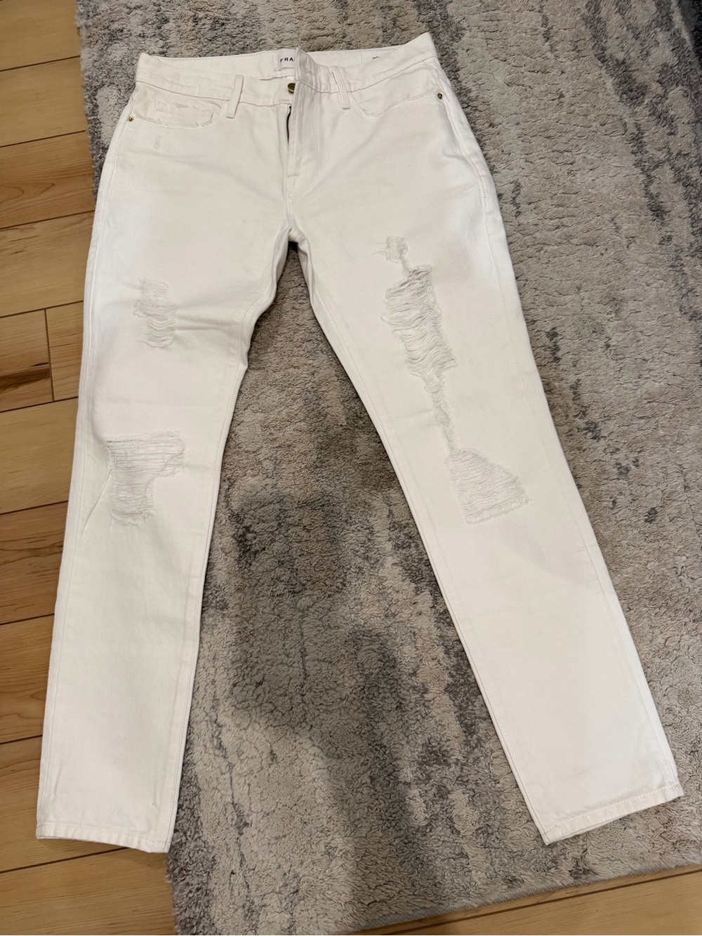 Frame Denim Slim Straight Distressed White Jeans
